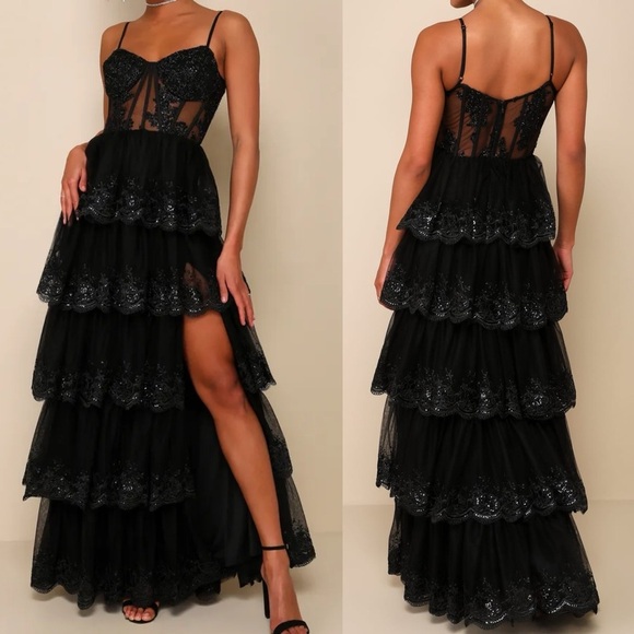 Alluring Sensation Black Tulle Embroidered Tiered Maxi Dress - Picture 1 of 3